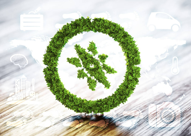 τρισδιάστατη απεικόνιση του πράσινου πυξίδα με τον τουρισμό σχετικά εικονίδια στην θαμπάδα - Φωτογραφία, εικόνα