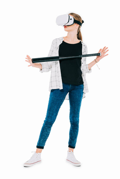 woman in virtual reality headset with bat - Fotó, kép