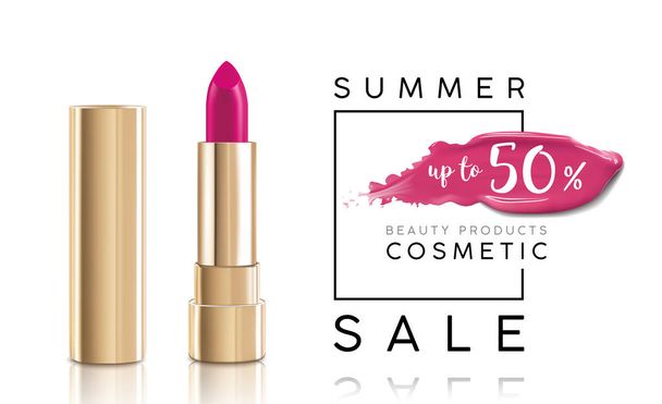 Cosmetics sale banner with lipstick and pink smear. Fashion sale discount illustration. - Vektör, Görsel