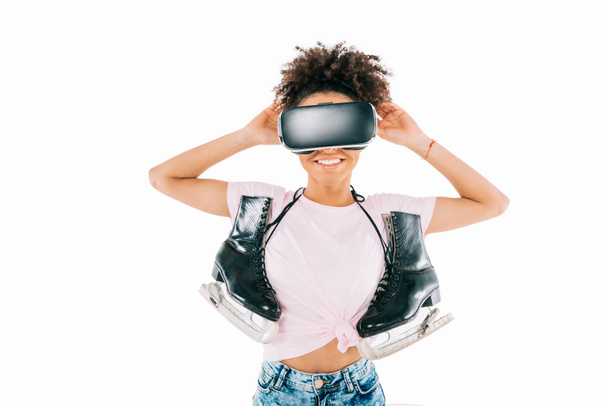 girl in virtual reality headset with skates - Zdjęcie, obraz