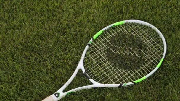 Tennisschläger und Tennisball auf dem Rasen - Filmmaterial, Video