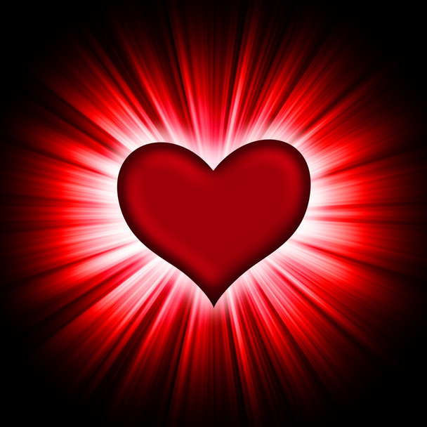 Red heart with rays on a black - Foto, Bild