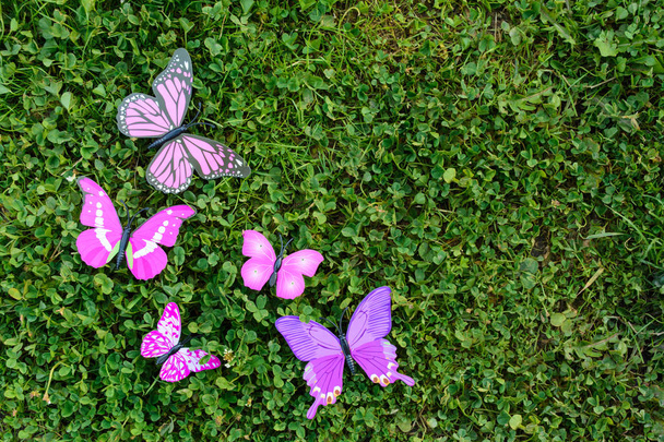 Plastic butterfly on green grass with copy space - Foto, imagen