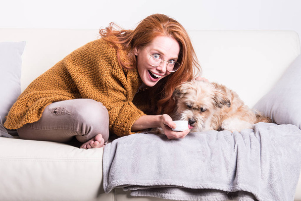 Kaunis, punatukkainen nainen koiransa kanssa sohvalla
 - Valokuva, kuva