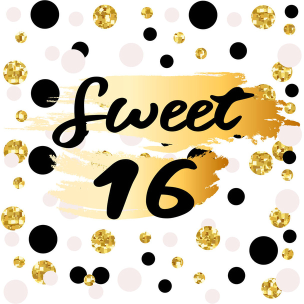 Cute festive bright sweet sixteen card with golden glitter - Vector, Image