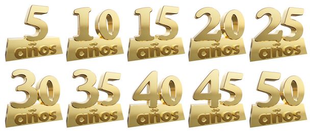 Set van gouden cijfers tegen een goudstaaf voor de verjaardag. Vertaling uit het Spaans - jaar. 3D illustratie - Foto, afbeelding