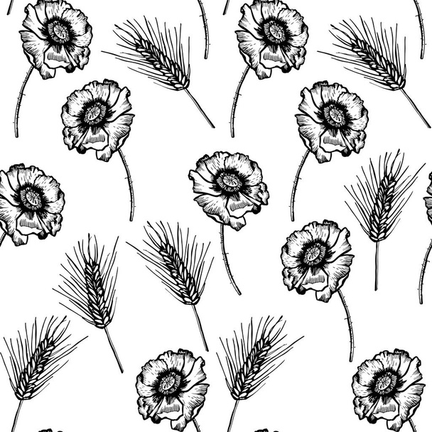 pattern with spikelets and poppies  - Vector, Imagen