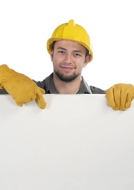 Carpenter showing blank sign - Foto, Imagem