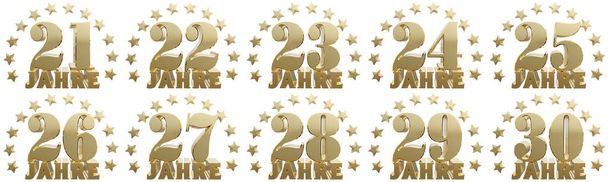 Conjunto de números de ouro e letras do ano, decorado com estrelas. Traduzido da Alemanha- anos. Ilustração 3D
 - Foto, Imagem