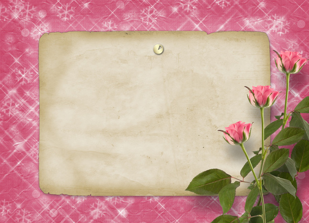 Card for congratulation or invitation with bunch of pink roseske - 写真・画像