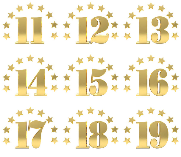 Conjunto de dígitos dourados de onze a dezenove, decorado com um círculo de estrelas. Ilustração 3D
 - Foto, Imagem
