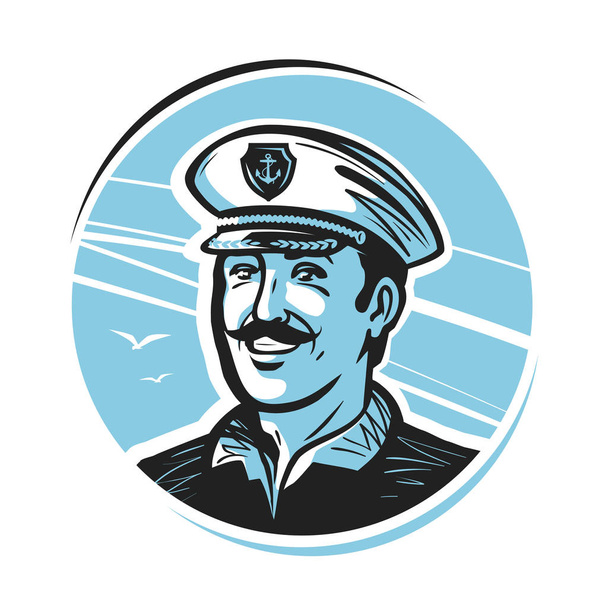 幸せな笑顔のキャプテンの肖像画。船員、船員、船員のロゴやラベルです。ベクトル図 - ベクター画像