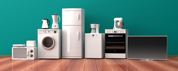 Set of home appliances on a wooden floor. 3d illustration - Photo, Image