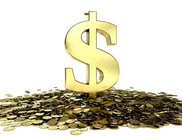 Símbolo de dólar em uma pilha de moedas com sinal de dólar em relevo. Ilustração 3D
 - Foto, Imagem