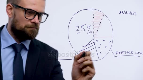 Muž čerpá různé růstové grafy, výpočet vyhlídky na úspěch v kanceláři moderního skla - Záběry, video