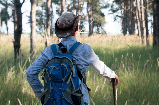 adolescent in hat with backpack and stick stands in the pine forest. Summer time. - Foto, imagen