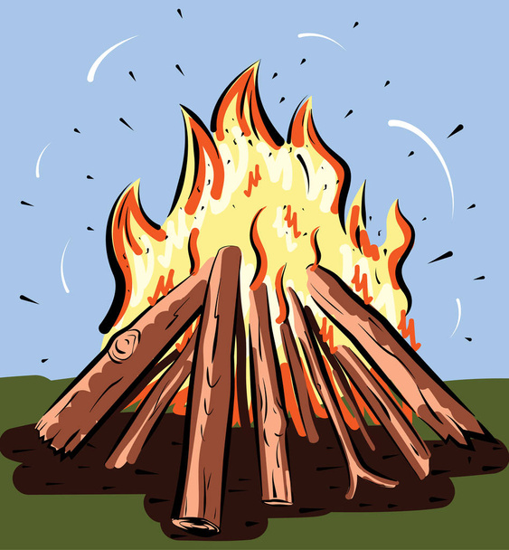 vector illustration of burning bonfire with wood - Vector, Image