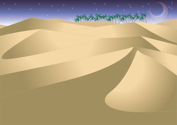 Deserto e Oásis com lua crescente
 - Vetor, Imagem