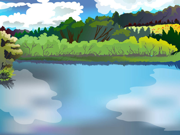 Krajina z lesa a řeky. Obrázek vektor příroda, Les, jezero, proti modré obloze. - Vektor, obrázek