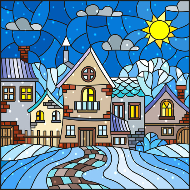 Illustration im Buntglasstil, Stadtlandschaft, schneebedeckte Dächer und Bäume gegen den Himmel, Sonne, Wolken und Schnee - Vektor, Bild