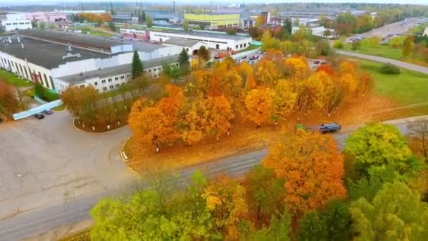 Autumn view of buildings road. Autumn road near industry buildings - Video, Çekim