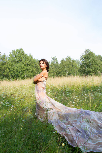 girl among tall herbs and wildflowers in a long evening dress - Foto, afbeelding