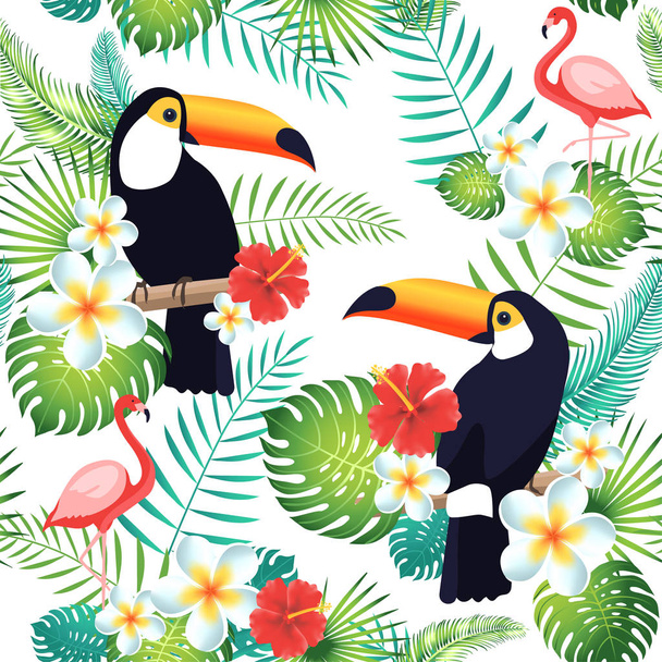 tropisches nahtloses Muster mit Tukanen, Flamingos, exotischen Blättern und Blüten. - Vektor, Bild