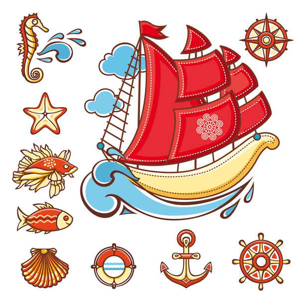 Sea set. Sea and nautical decorations.  - Vector, Image