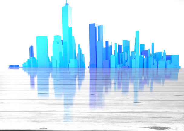 Panoramę miasta niebieski z lśniące drewniane pierwszego planu - Zdjęcie, obraz