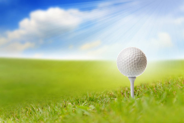 Gros plan de la balle de golf sur le tee sur le terrain de golf sous le ciel bleu
 - Photo, image