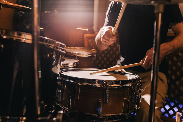 Professional drum set closeup. Drummer with drums - Foto, Imagem
