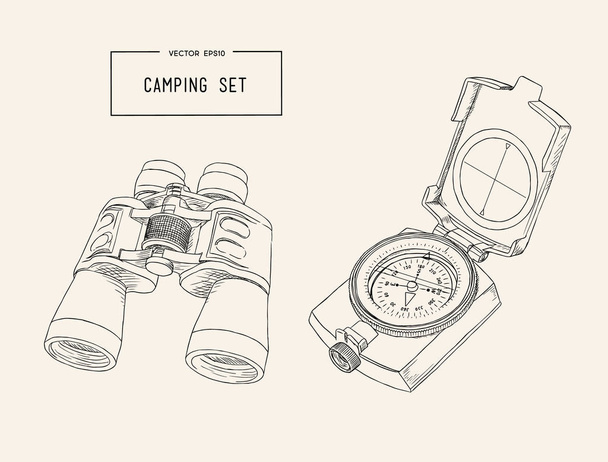 Set of hand drawn camping equipment drawing vector. - Wektor, obraz