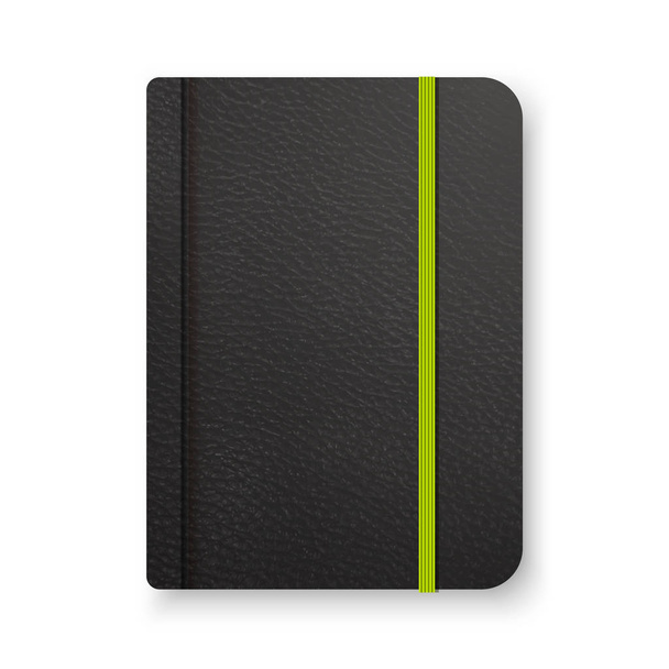Realistic black notebook with green elastic band. Top view diary template. Closed diary. Vector notepad mockup. - Vetor, Imagem