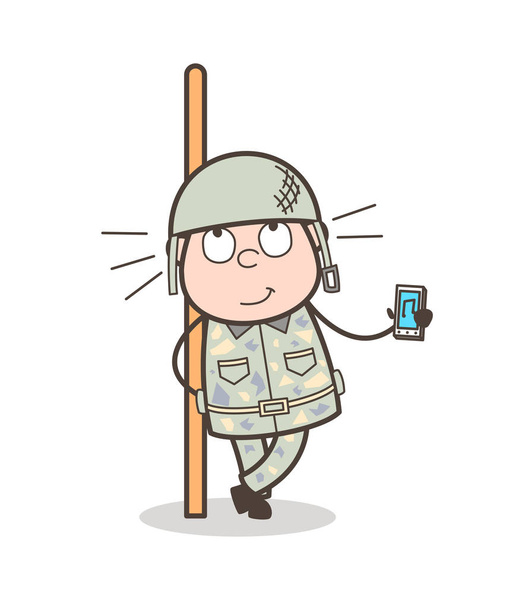 Desenhos animados Exército Homem Mostrando Dispositivo Musical Ilustração Vetor
 - Vetor, Imagem