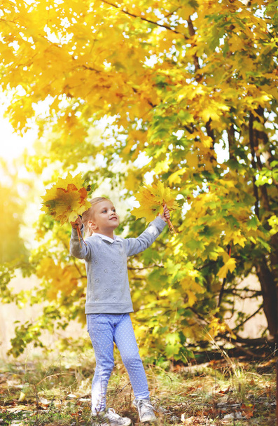 Dziewczynka bawi się żółte listowie w jesienny park - Zdjęcie, obraz