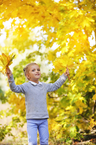 Μικρό κορίτσι παίζει με τα κίτρινα φύλλα φθινοπώρου πάρκο - Φωτογραφία, εικόνα