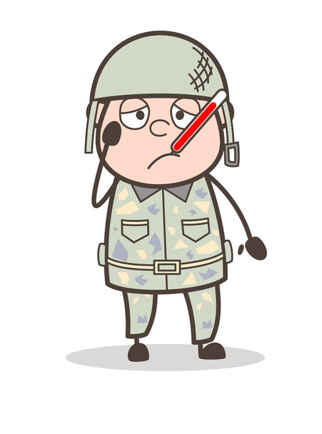 Cartoon Ill Sergeant with Fever Temperature in Mouth Vector Illustration - Vector, Image