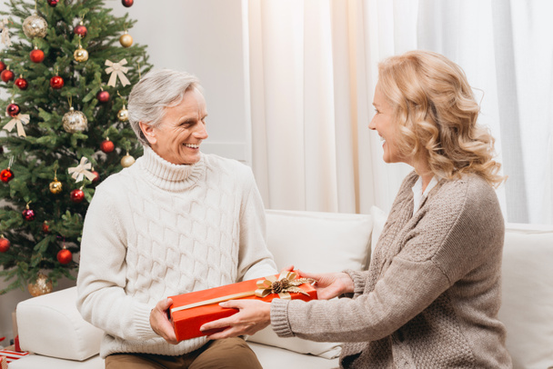 man and woman with christmas gift - Foto, imagen
