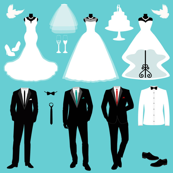 Hochzeitskarte mit der Kleidung des Brautpaares. - Vektor, Bild
