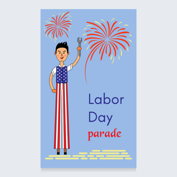 Labor Day vektorisuunnittelu. Mies puujaloilla pukeutuneena Amerikan lipun väreihin. Ruuvimeisseli on hänen käsissään. Ilotulitus omistettu paraatille. Käyttökelpoinen suunnittelu, kutsu, banneri, juliste
 - Vektori, kuva