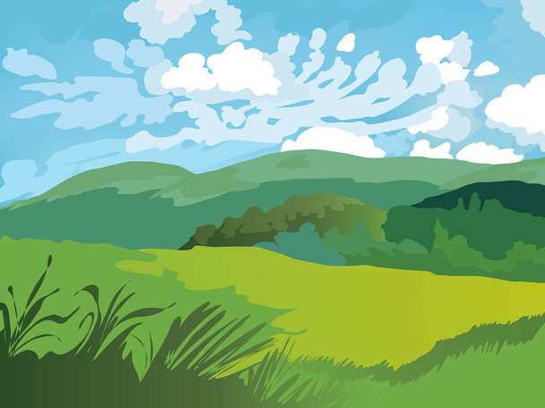 Yeşil alanları, çim ve bulutlu gökyüzü manzara - Vektör, Görsel