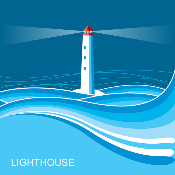 Lighthouse.Sea waves blue night background illustration for text - Vettoriali, immagini