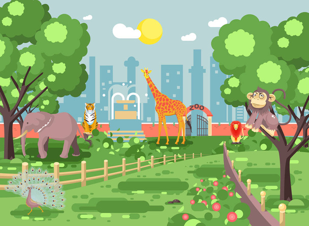 Vector ilustración banner paisaje, paisaje, vista, para el sitio con excursión al zoológico, jardín zoológico, mono, pavo real, elefante, león, tigre, jirafa, animales salvajes fondo de la ciudad de estilo plano
 - Vector, imagen