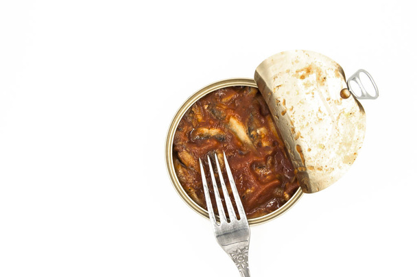 Canned fish in tomato sauce on white background - Photo, Image