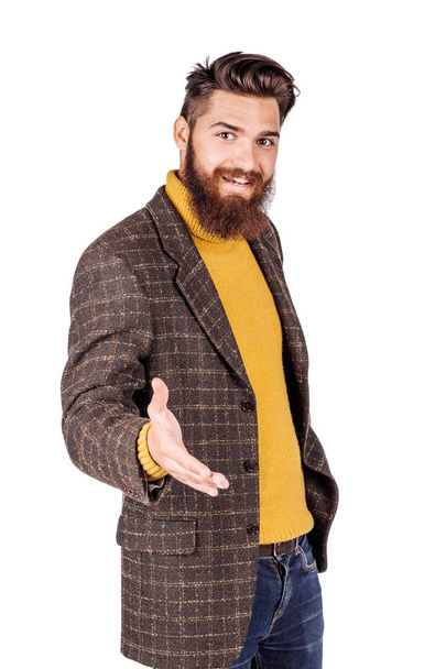 portrait of bearded businessman giving hand for an handshake.  human emotion expression and office, business, technology, finances and internet concept. image isolated white background. - Foto, Imagem