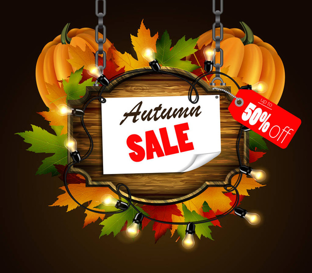 autumn sale wooden signboard - Διάνυσμα, εικόνα