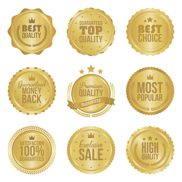 Złotego metalu najlepsze wybór premium jakości odznaki ustawić ilustracja na białym tle wektor - Wektor, obraz