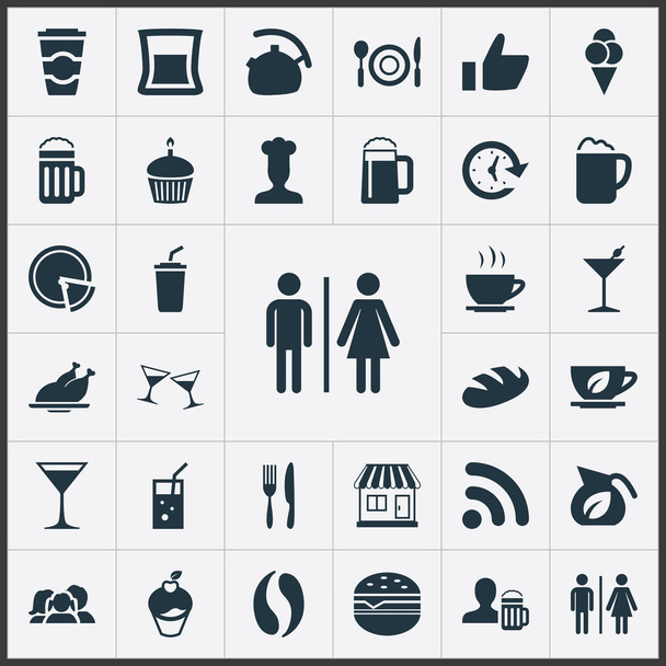 Vektor Illustration Set von einfachen Restaurant-Symbolen. Elemente Eltern, Glas, Kegel und andere Synonyme Wasserkocher, Essen und Grill. - Vektor, Bild