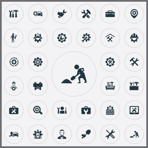 Vector Illustration Set Of Simple Fixing Icons. Elements Construction, Craftsman, Mechanic And Other Synonyms Repeatability, Cogwheel And Magnifier. - Vector, Image