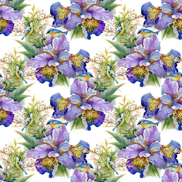 Watercolor purple  flowers and birds  - Foto, Imagem